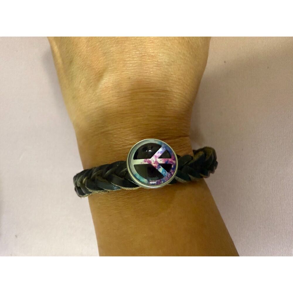 Multi-layer leather braided bracelet with a peace sign symbol